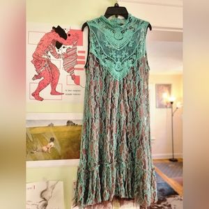 Altar'd State Teal and Brown Lace Boho/Victorian Midi Dress, Size Small